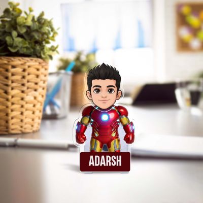 Personalized Bobble Head Ironman458 Superhero Cartoon Standee with Shaking Head, Custom with Name Idol for Car Dashboard & Home Decor Gift for Superhero Fans Return Gift Solar Powered